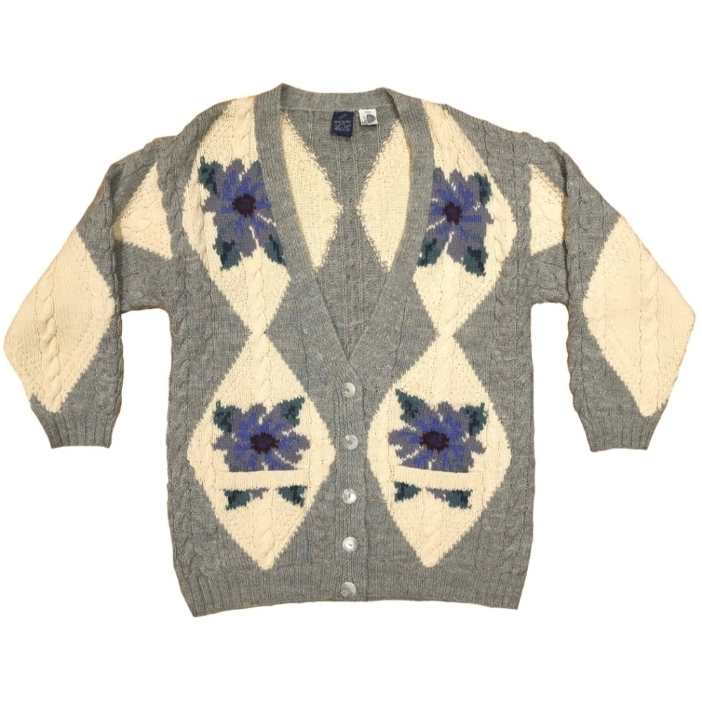 Vintage Oversized Virgin Wool‎ Floral Argyle Cardigan Sweater